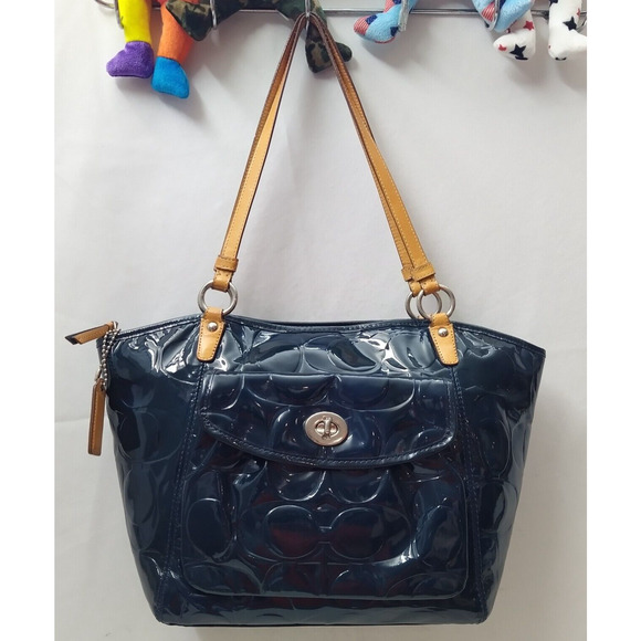 Coach Signature Blue Patent Leather Turnlock Double Handle Tote Shoulder Bag - Picture 16 of 16